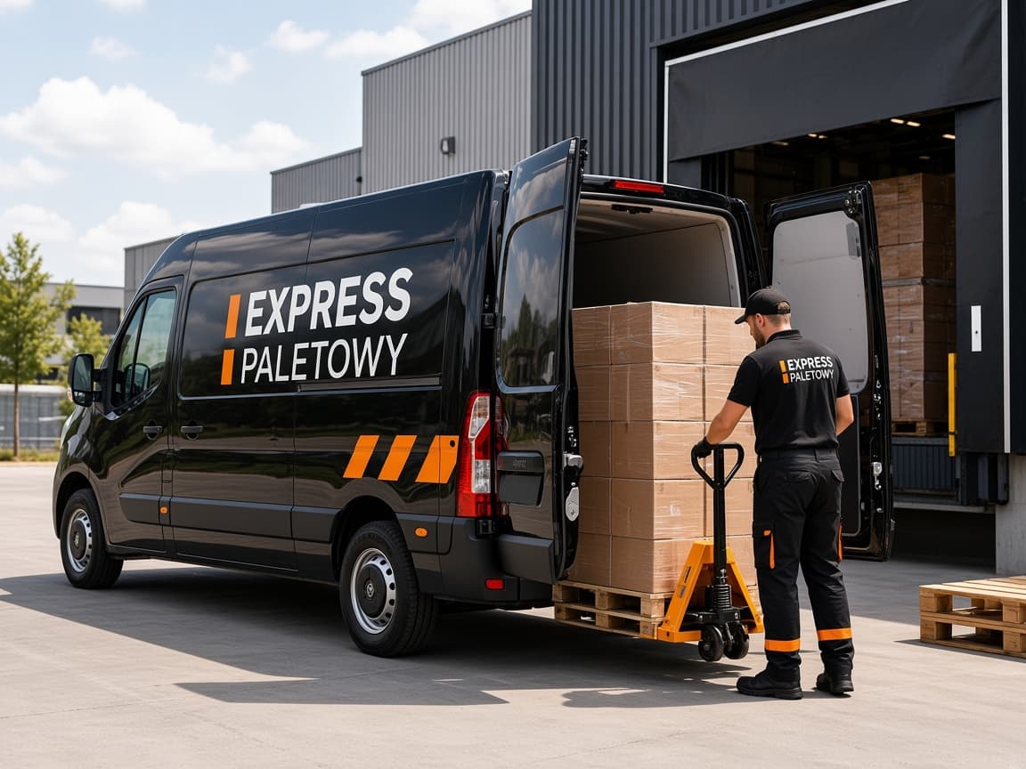 Czarny samochód dostawczy Express Paletowy przy magazynie, załadunek palet.