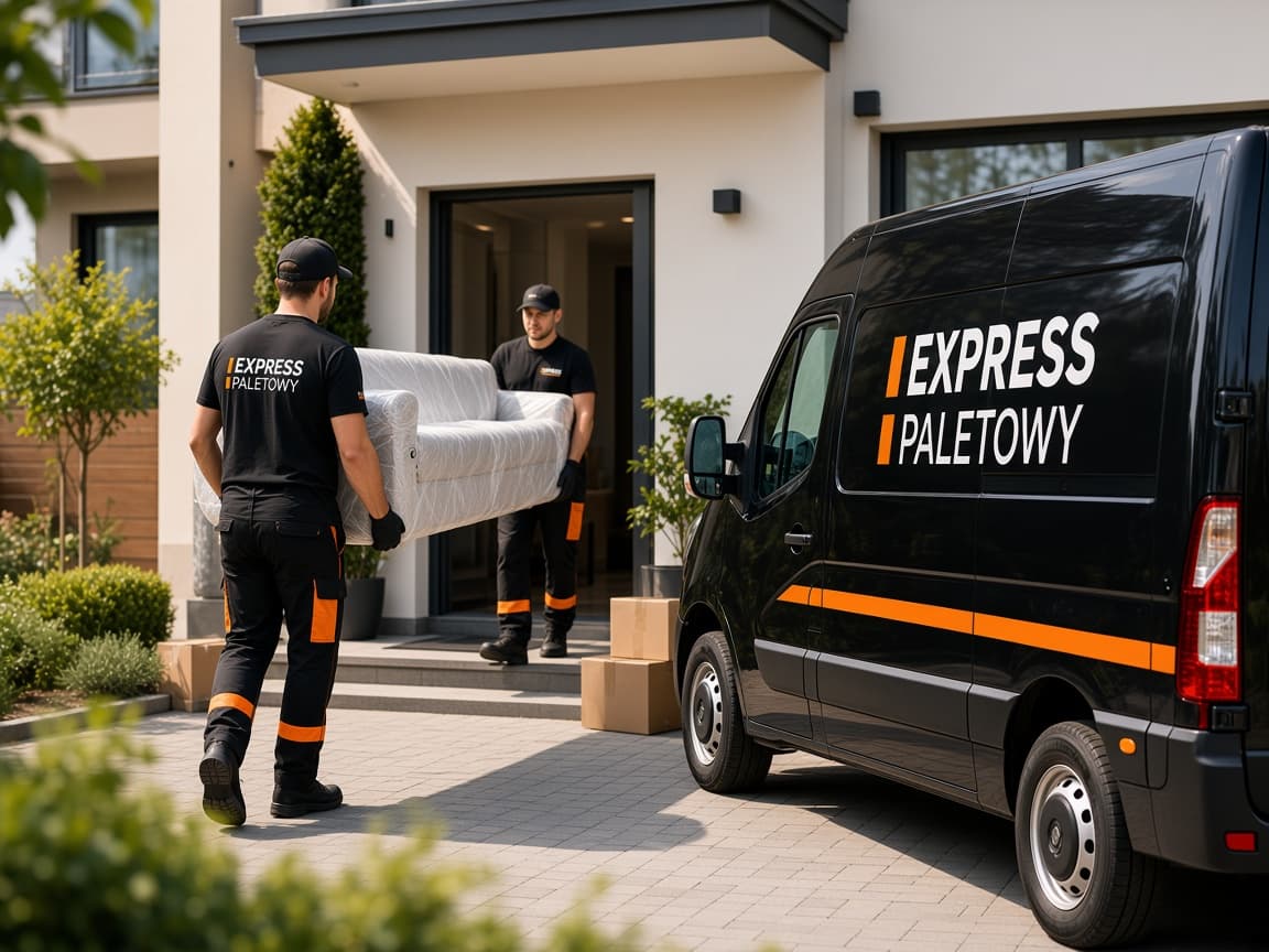 Pracownicy Express Paletowy wnoszą kanapę do domu, czarny pojazd z oznakowaniem marki.
